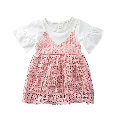 

O-Neck 6M-3T Summer Casual Baby Girls Fake 2 Piece Design Lace Floral Pattern Flare Sleeve Dress Kids Toddler Pageant Sundress