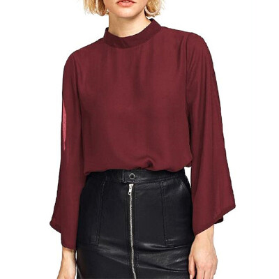 

2019 Women Sweet Chiffon Blouse Ladies Long Flare Sleeve Shirts Solid Color Stylish Stand Collar Casual Blouse