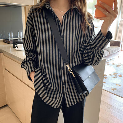 

2019 COCKCON fashion womens retro temperament stripe printed loose lapel shirt retro long-sleeved casual top