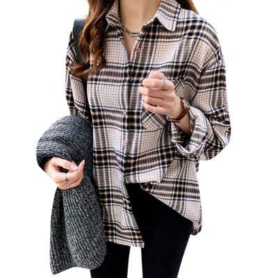 

Korean Plus Size Plaid Pattern Trend Casual Loose Plaid Long-Sleeved Shirt Female Fashion Long Shirt