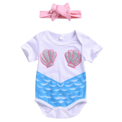 

Baby girl romper set in summer cartoon shell white jumpsuit romperpink bow-knot headband for 0-24M