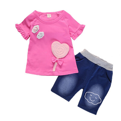 

Girls Clothes Summer Bow Cartoon Rabbit Short Sleeve Jeans 2pcs clothing Set