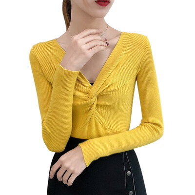 

Fashion Slim Fit Women Casual V-Neck Sweaters Solid Winter Crisscross Knitted T-Shirt Wear Long Sleeve Sweat Shirts
