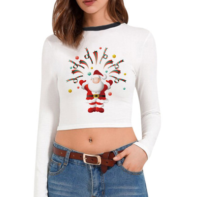 

Christmas T-shirt Santa Claus Christmas Tree Print Multiple Choices Long-Sleeve Cropped tshirt New Hot Women Clothes