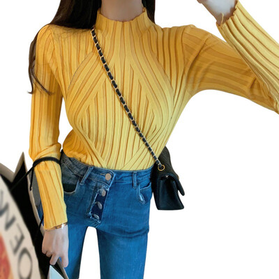

Lady Casual Long Sleeve Sweater Autumn Winter Women Half Turtleneck Knitted Pullovers Bottom Solid Color Slim Sweaters