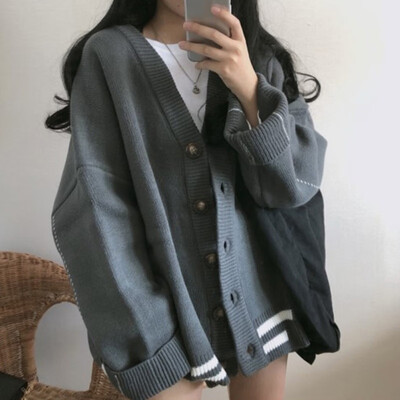 

Women Long Sleeve Single Breasted Sweater Fashion Loose Cardigans Sweaters Striped Female V-Neck Tops
