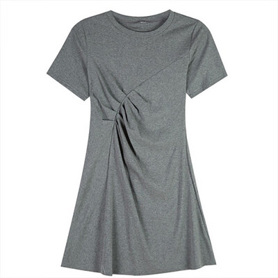

Summer Women Dress Temperament Simple Solid Color Wild Round Collar Sexy Strap Waist Slim Shirts Short Sleeve Pleat Casual Dress