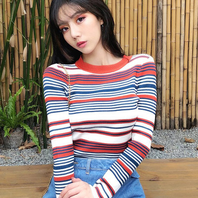 

Stripe Sweater Women Contrast Knitted Pullover Long Sleeve 0-neck Knitwear Fashion Slim Female Korean Jumper clothing