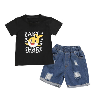 

Summer Baby Girl Cute Cartoon Print Set Cartoon Print Short Sleeve T-shirt And Denim Short Pants Kit Kid Two-piece Outfit Set