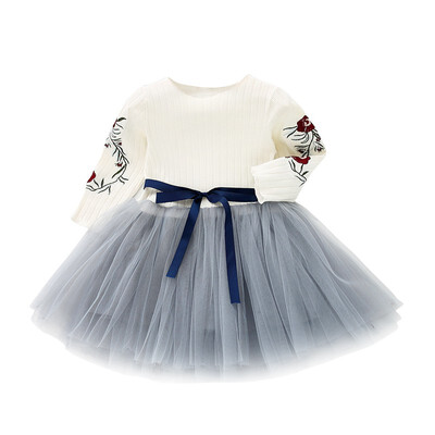

Embroidery Flowers Baby Girl Dress Autumn Long Sleeve Flower Bow Kids Dresses For Girls Mesh Princess Wedding Dresses