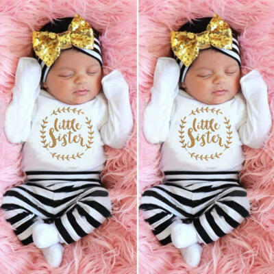 

Newborn Baby Girl Clothes Little Sister TopsStriped PantsHeadband Outfits Set
