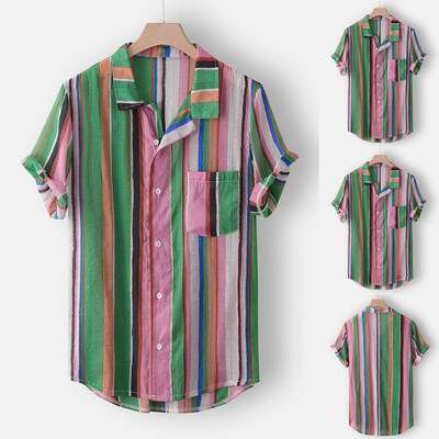 

Toponeto Fashion Mens Casual Button Hawaii Striped Print Beach Short Sleeve Top Blouse