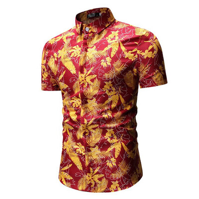 

Tailored Mens Summer Print Turn-Down Collar Slim Fit Short Sleeve Top Shirt Blouse