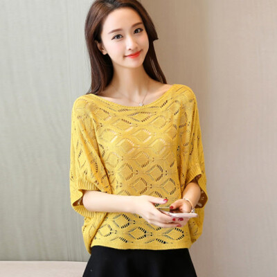 

Women Elegant Knitted Womens Tops And Blouses Hollow Out Batwing Sleeve O-Neck Summer Tops Blusas Mujer De Moda 2019