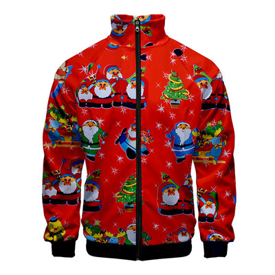 

Christmas Jacket Fashion 3D Color Printing Stand Collar Zipper Christmas Coat Santa Claus Print Color Long Sleeve Jacket