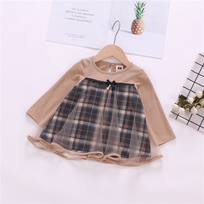 

Autumn Long Sleeve Patchwork Plaid Dress Baby Girls Kids Casual Mesh Bowknot Toddler Pageant Princess Dress