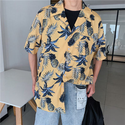 

2019 Men Fashion Brand Summer Shirts Leaves Flower Pineapple Print Loose Short Sleeve Shirt Male Hawaiian Style Beach Shirt