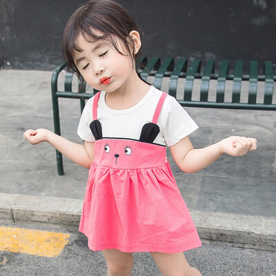 

Summer Girls Dress Cute Cartoon Ear Fake Two Piece Baby Girls Dress Beach Short Sleeved Sweet Princess Dress