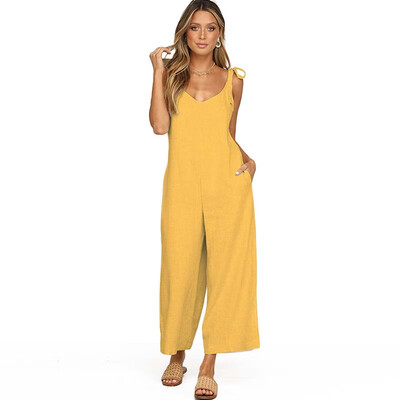 

Casual Summer Jumpsuits Sleeveless Solid Color Loose Backless Jumpsuit V-Neck Slim Female Jumpsuit 4 Color Wide Leg Pants