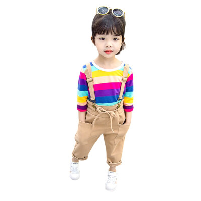 

Autumn Baby Girl Clothes Outfits Long Sleeve Rainbow Striped SweatshirtStrap Trousers Casual Sets