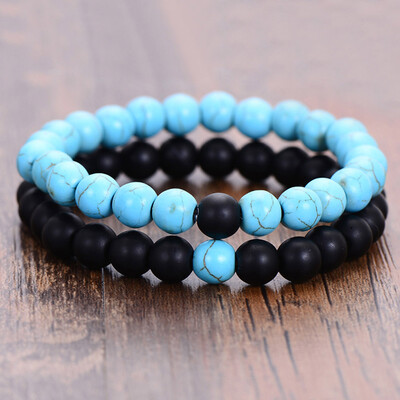 

8 mm Natural Matte Stone Black White Turquoise Manual Flanging Bracelet 2-Piece Set Unisex Pair Bracelet Jewellery Hot Gift