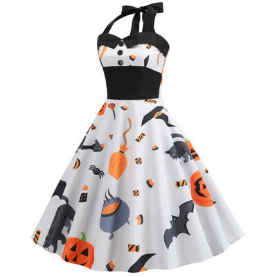

Womens Fashion New Halloween Vintage Dress Hanging Neck Print Big Swing Sexy Dress high waist Dress