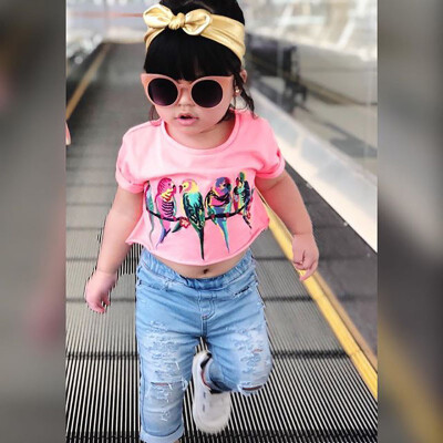 

Summer Baby Girls Print T-Shirt Tops Jeans Suits Casual Outfits Sets