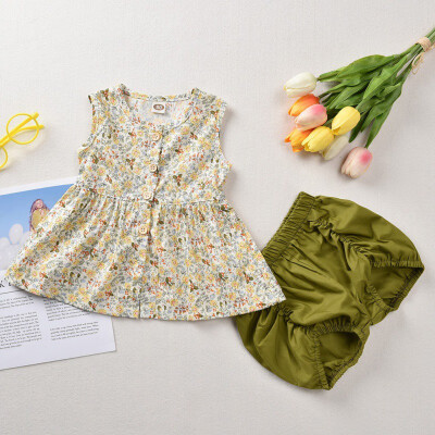 

Summer Casual Baby Girl Floral Printing Sleeveless Top And Pleated Short Pants Kids Two-piece Outfit Set