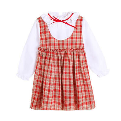 

Fashion Autumn Casual Kids Girls Solid Print Long Sleeve Plaid Print Fake 2 Piece Design Dress Toddler Sundress