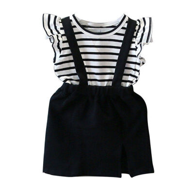 

2PCS Girl Outfit Summer Fly Sleeve Striped Top Black Suspender Kid Dress Girl Fashion Girl Clothes Set New Arrival