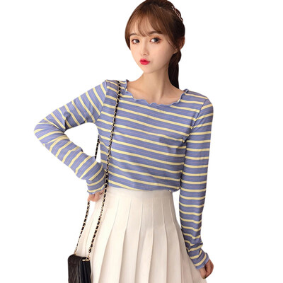 

New harajuku T shirt Women Round Neck Striped Long Sleeve T-shirts For Women Slim Wild Black White T-shirt