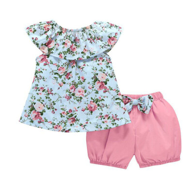 

2PcsSet Summer Baby Girls Casual Flare Sleeve Floral Print T-shirt TopsShorts Suits Costume Set