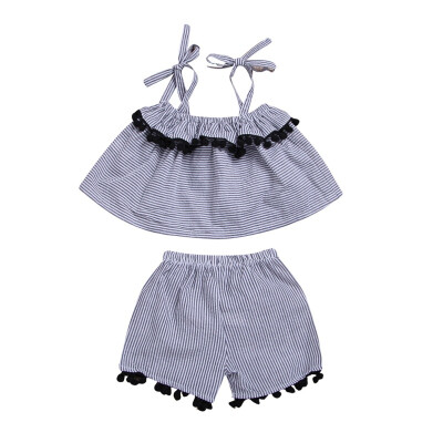 

2PcsSet Summer Baby Girls Striped Floral Pattern Strap Tops T-shirtShorts With Tassel Design Suits Casual Costume Set