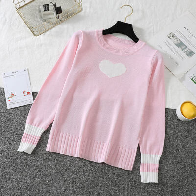 

Autumn Winter Knitted Sweater Women Heart Print Slim Long-Sleeve Pullover Bottomming Tops Knitwear Pink Sweaters pull femme