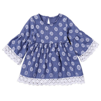 

Baby Girls Dress Trumpet Sleeves Lace Princess Dress Blue Floral Print Flare Sleeves A Line Dresses