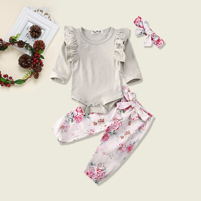 

Toddler Baby Girl Floral Fly-Sleeve Romper Jumpsuit Top Trousers Clothes 3pcs
