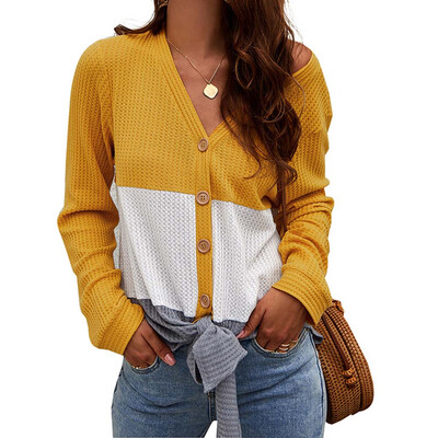 

Fashion Women Long-Sleeved Sweater New V-Neck Stitching Knitted Top Lace Up Hem Button Blouse
