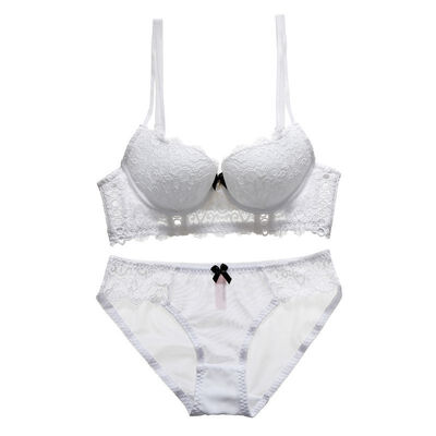 

Women Bra Sexy Lingerie Solid Color Lace Bow Openwork Flanking Gathering Half Cup Bra Panties Set