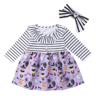 

New Toddler Kids Baby Girl Dress Stripe Cartoon Pattern Long Sleeve Ruffled Comfy Dress Clothes