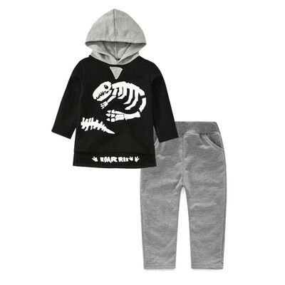 

New Spring Autumn Winter Baby Infant Boy Girl Suit Black Dinosaur Print Long Sleeve Hooded Shirt Fleece Long Pants 2pcs Set