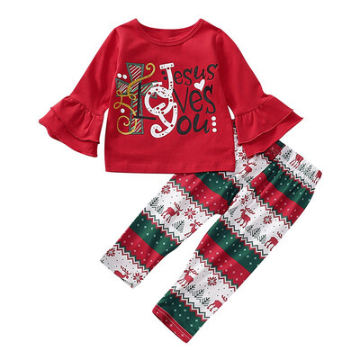 

Baby Girls Long Flare Sleeve Christmas Letters Autumn Blouse TopsFloral Pants Trouser Casual Costume Set