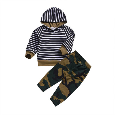 

Autumn New Style Fashion Toddler Boys Casual Striped Hooded Sweatshirt Camouflage Pants Two Pieces Sets