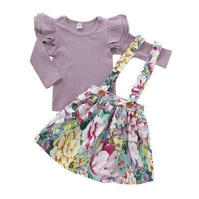 

Baby Girl Clothing Autumn Baby Girl Skirts Set Long Flare Sleeve Cotton BlouseStrap Floral Print Skirt Casual Outfits