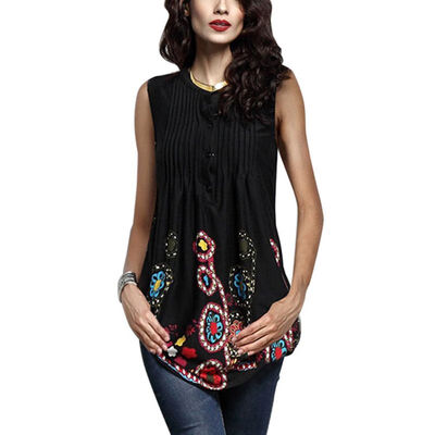 

New Summer Style Black Women Sexy Tops Round Neck Sleeveless Vintage Tribal Print Fitness Casual Tank Tops Ruffle Long Tanks