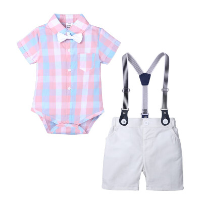 

Summer Baby Boy Clothes Set Casual Short Sleeve Striped Plaid Romper & T-shirt Tops Strap Shorts Outfits Set