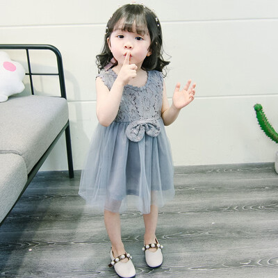 

Children Baby Girls Dress Summer Stitching Lace Mesh Bow Princess Cute Sweet Sleeveless Dress 1-5Y Lovely Toddler Girl Clothes