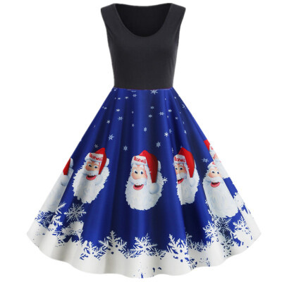 

Tailored Womens Vintage Merry Christmas Print Housewife Evening Party Sleeveless Dress