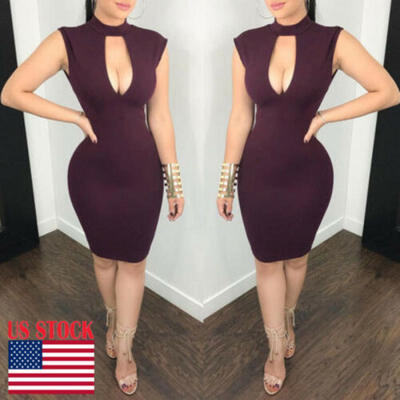 

US Womens Sexy Hollow Bodycon V-Neck Long Sleeve Evening Cocktail Party Dress