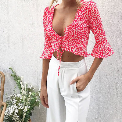 

2019 Women Summer Elegant New Style Fashion Design Sexy Deep V-neck Flower Printed Short Style Concise Pagoda Sleeve Blouses