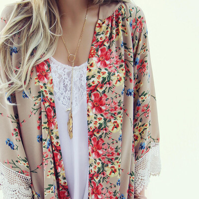 

Vintage Women Lace Floral Kimono Cardigan Chiffon Blouse Casual Long Sleeve Tops